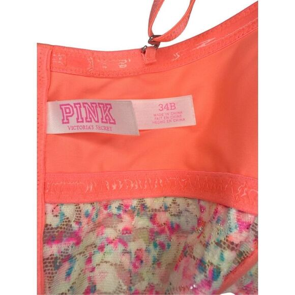 PINK Victoria’s Secret Women’s 34B Bustier Bra Neon Padded Strapless Lace - Picture 7 of 8